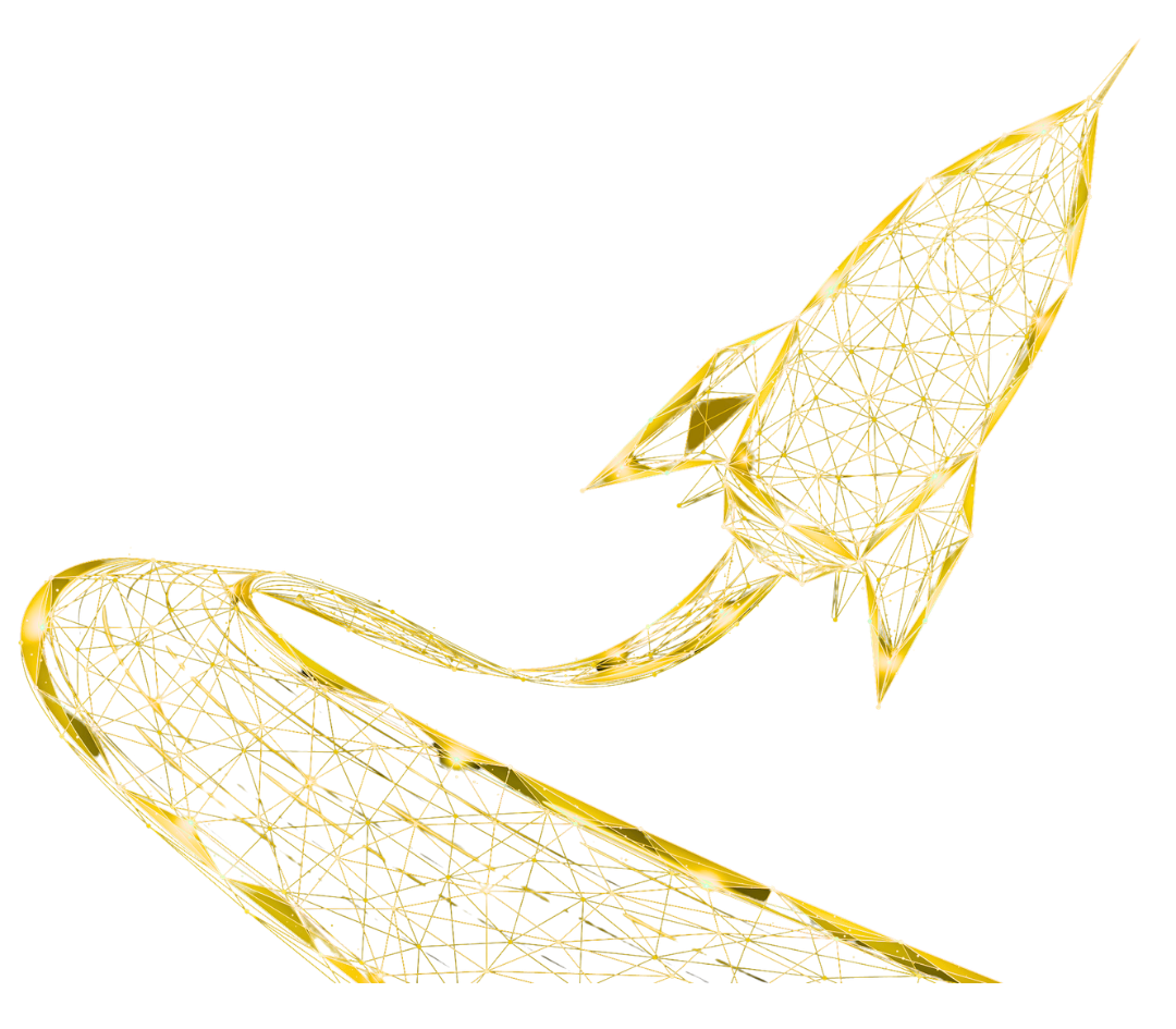 Golden low-poly wireframe rocket launching upward with a swirling trailing light streak